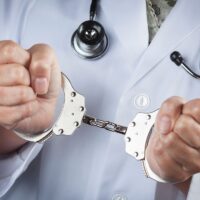 Female Doctor or Nurse In Handcuffs Wearing Lab Coat and Stethoscope.