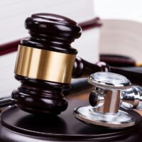 Brown Gavel With Medical Stethoscope Near Book At Wooden Desk In Courtroom