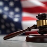 Judge gavel on table. Judicial hammer for attention, verdict. Justice judgment at courts of law. American flag waves in background. Legal, criminal authority law system and state punishment.