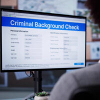 Man meticulously reviews criminal background check form Man meticulously reviews criminal background check form for insurance approval.