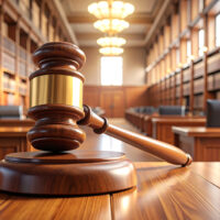 A wooden gavel rests on a polished table, blurred rows of law books and desks fill the background of a grand library.