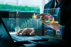 Financial data visualization with digital charts and analytics dashboard, showing business growth, performance metrics, and innovation, representing financial analysis, big data, business intelligence
