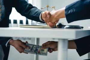 Two people in suits are shaking hands above a desk, while one hand discreetly passes a $100 bill underneath. A scale and gavel are visible, suggesting a legal or business setting. The scene conveys secrecy and possible corruption.
