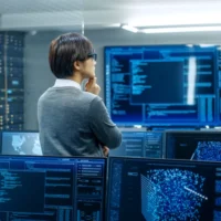 Data analyst visualizing cybersecurity control room technology.