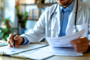A doctor in a white coat sits at a desk, reviewing medical documents and writing notes.