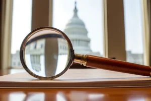 Magnifying glass on documents with US Capitol building in background for investigation and research purposes in a professional setting