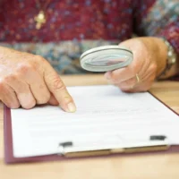 elderly person with magnifying glass checking document