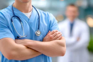 Confident nurse in blue scrubs with stethoscope in modern clinic corridor for healthcare recruitment advertisement and medical clinic marketing brochure design