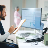 Documents, receptionist and nurse or man in hospital for doctor appointment, reading and schedule. Healthcare administration, medical consultant and paperwork with person in clinic for insurance