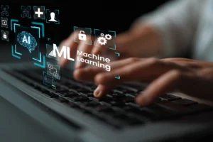 Hands Typing on Laptop with Technology Icons Representing Artificial Intelligence and Machine Learning Concepts in a Dark Background Gluon.