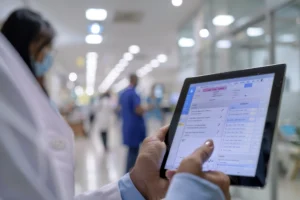 A medical professional is focused on a tablet displaying patient information, in a busy hospital corridor blurred in the background.