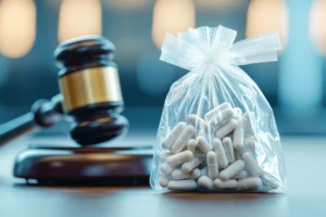 Judge gavel next to transparent bag of white capsules, depicting legal scrutiny of drug possession and regulation.