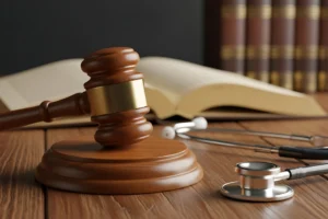 Wooden judge gavel and medical stethoscope on office desk, legal malpractice and healthcare law concept, justice symbol with law books