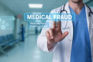 Medical expert interacts with a futuristic digital interface, focusing on the critical issue of healthcare fraud and financial deception